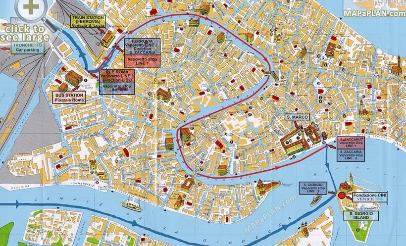 Mapa de atrações em Veneza