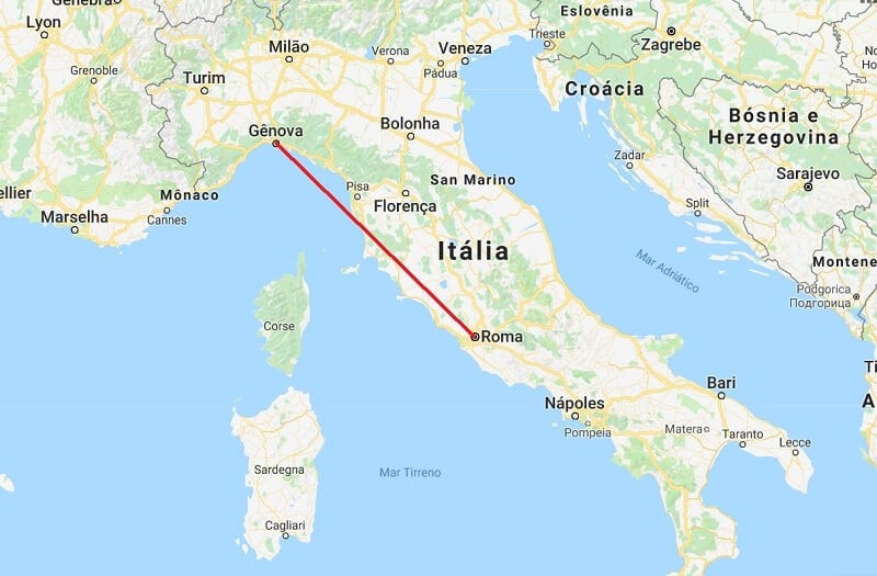 Mapa da viagem de Roma a Génova