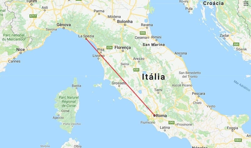 Mapa da viagem de La Spezia a Roma