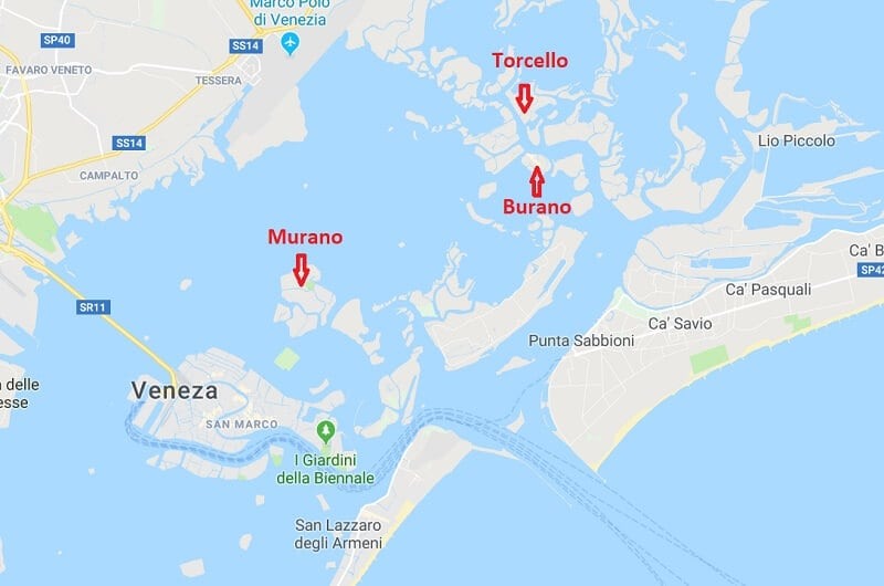 Mapa das ilhas próximas de Veneza