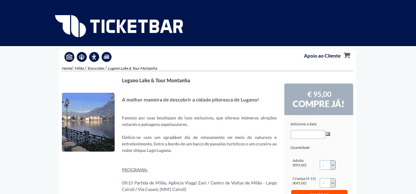 Ticketbar para ingressos para um passeio por Lugano Lake