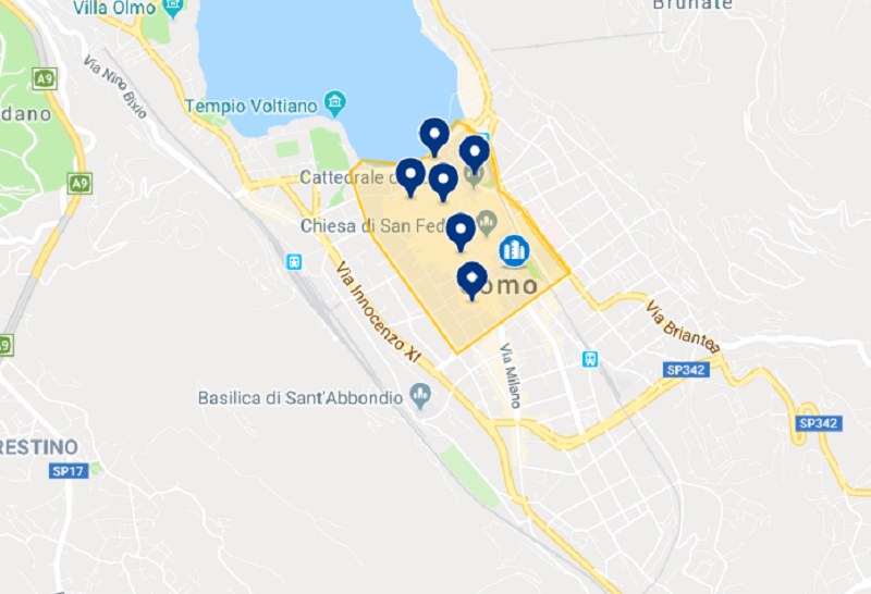 Mapa dos hotéis no centro de Como