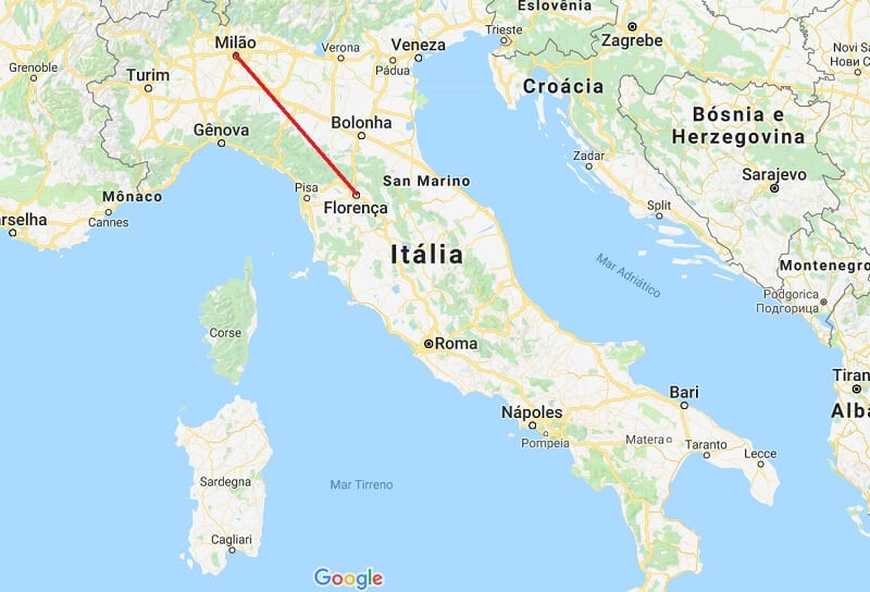 Mapa da viagem de Florença para Milão