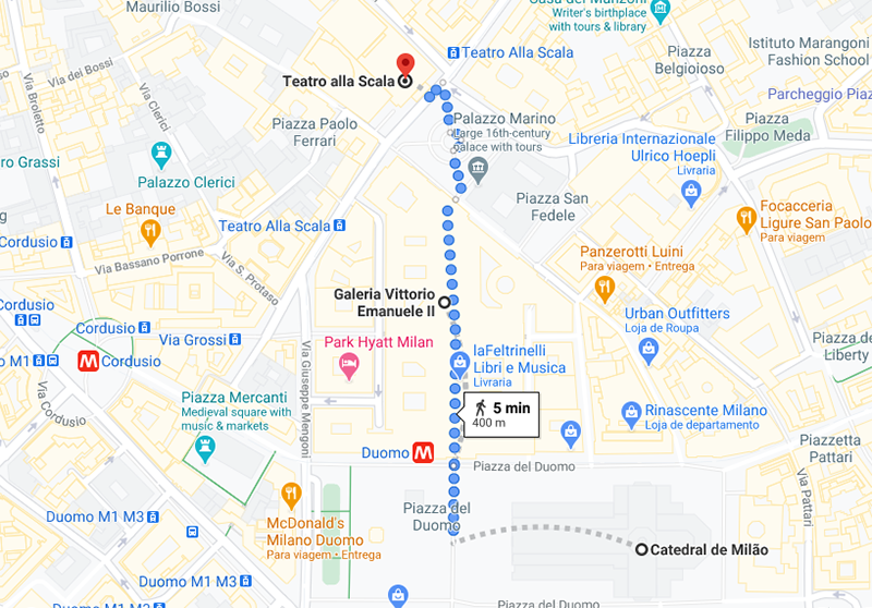 Mapa com sugestão de roteiro para o primeiro dia em Milão
