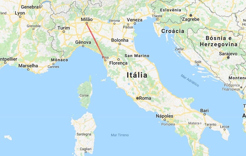 Mapa da viagem de Pisa para Milão