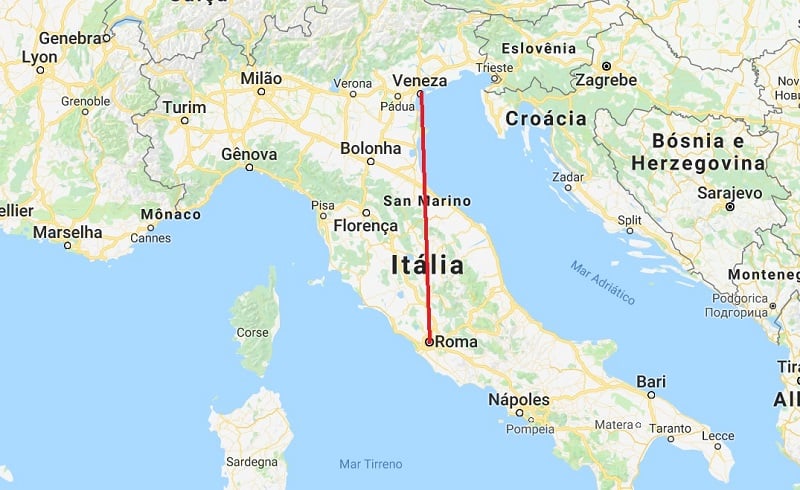 Mapa da viagem de Veneza para Roma