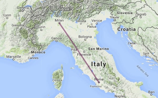 Mapa da viagem de trem de Milão a Roma