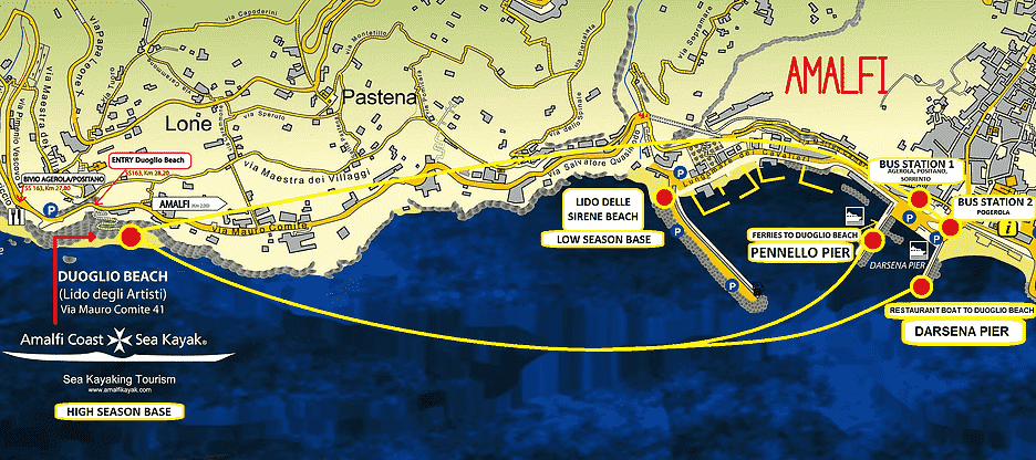 Mapa de Amalfi e das praias de Amalfi