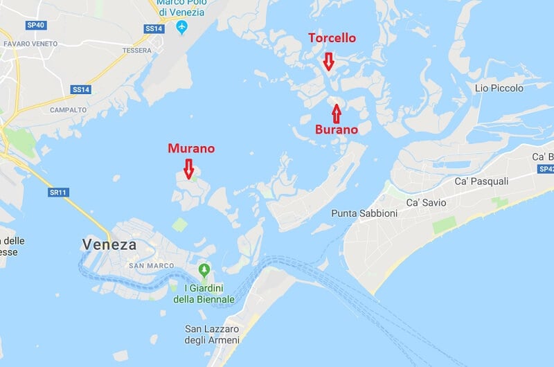 Mapa das ilhas Murano, Burano e Torcello