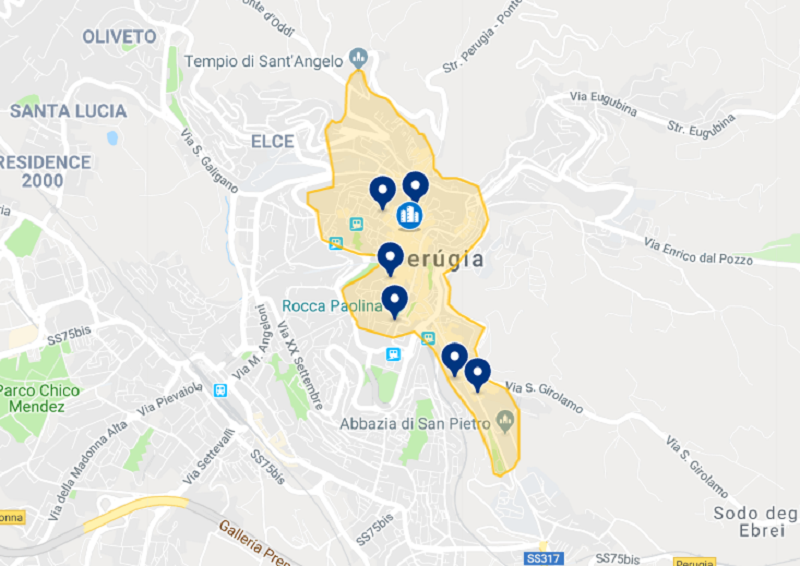 Mapa dos hotéis em Perúgia