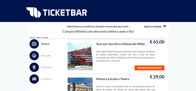 Ticketbar para ingressos em Milão e em toda a Itália