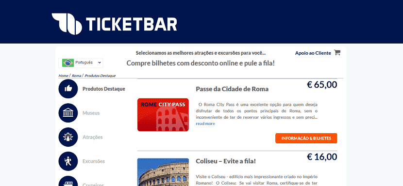Ticketbar para ingressos em Roma