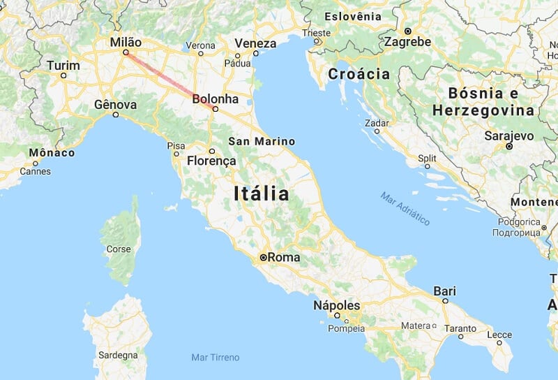 Mapa da viagem de Bolonha a Milão