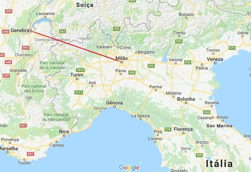 Mapa da viagem de Milão a Genebra
