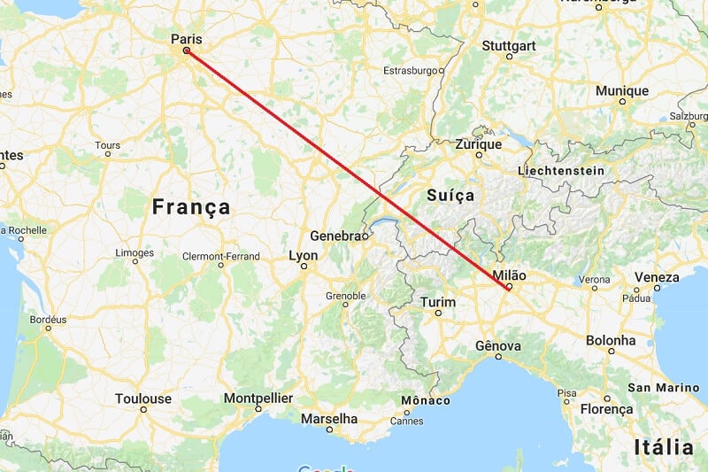 Mapa da viagem de Milão a Paris