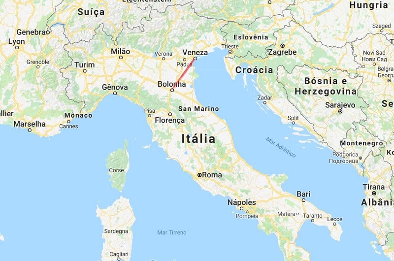 Mapa da viagem de Veneza a Bolonha