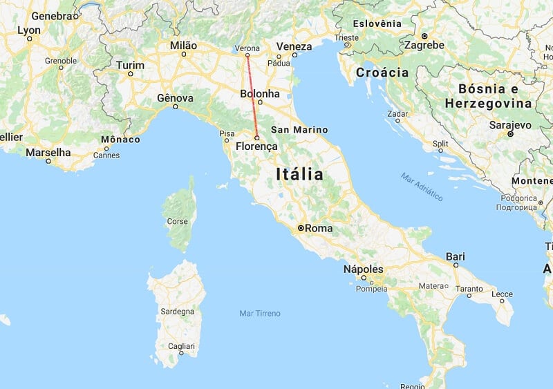Mapa da viagem de Verona a Florença