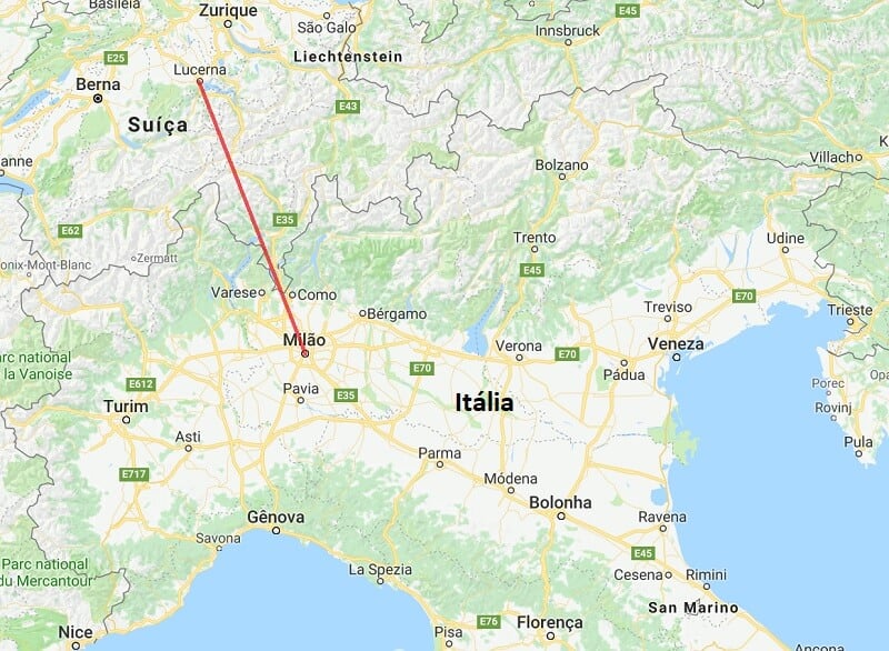 Mapa da viagem de Milão a Lucerna