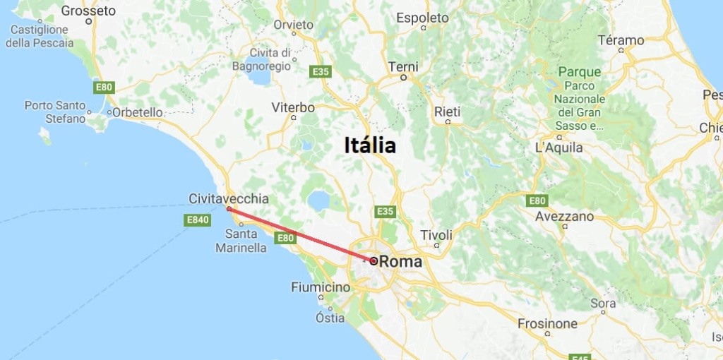 Mapa da viagem de Roma a Civitavecchia