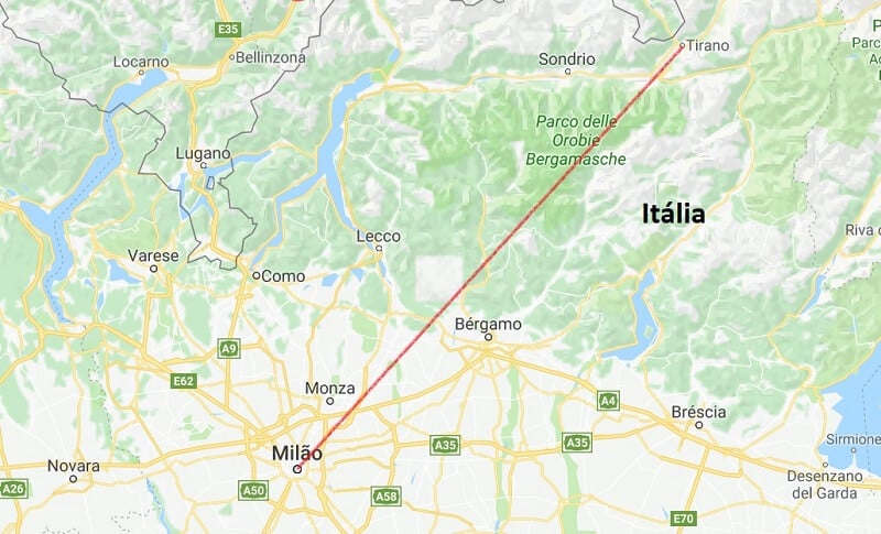 Mapa da viagem de Milão a Tirano