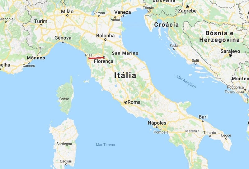 Mapa da viagem de Pisa para Florença