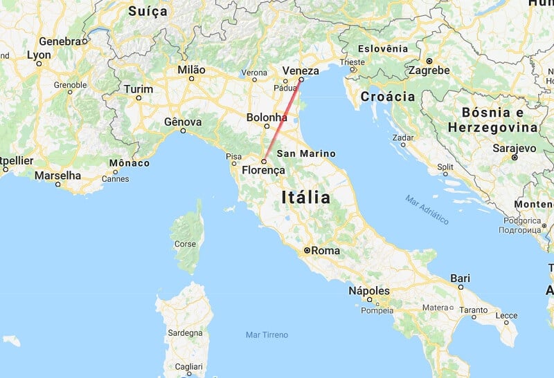 Mapa da viagem de Florença a Veneza