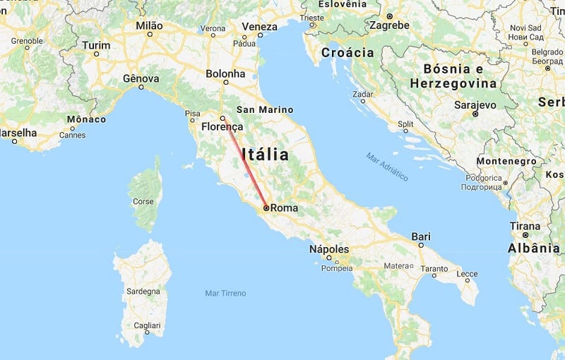 Mapa da viagem de Florença a Roma