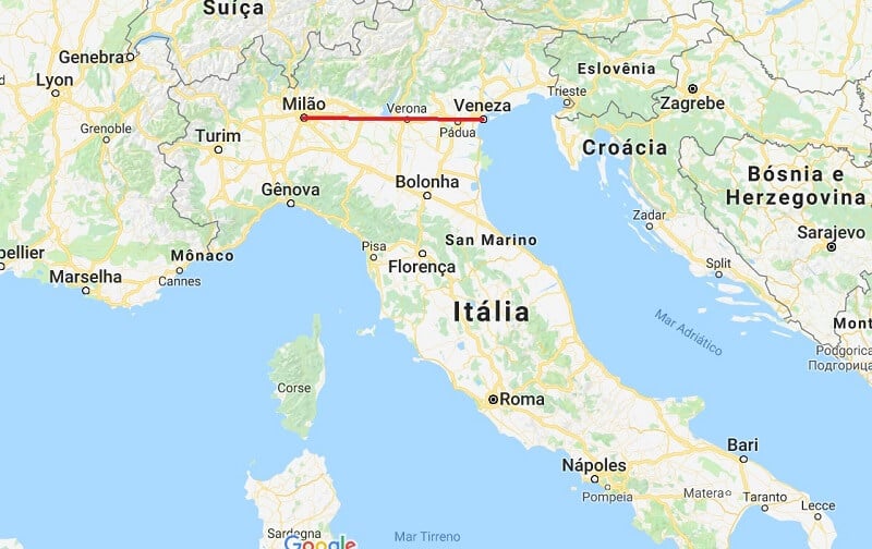 Mapa da viagem de Milão para Veneza