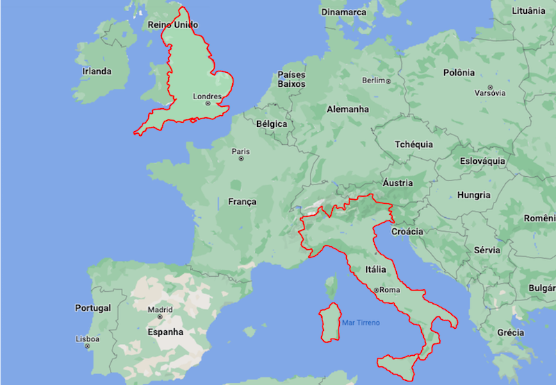 Mapa da Itália e da Inglaterra