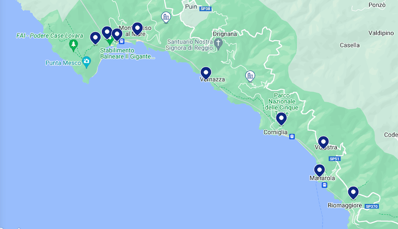 Mapa das melhores regiões em Cinque Terre