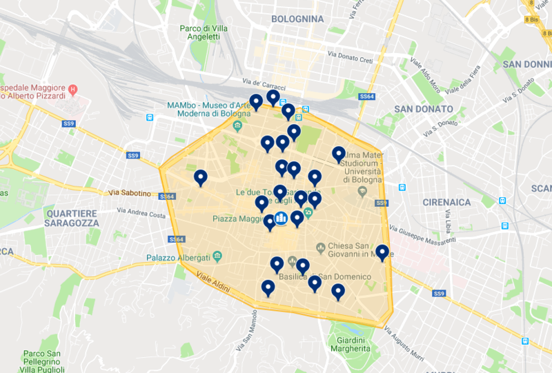 Mapa de hotéis no centro histórico de Bolonha