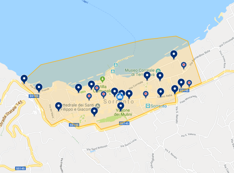 Mapa de hotéis na região central de Sorrento