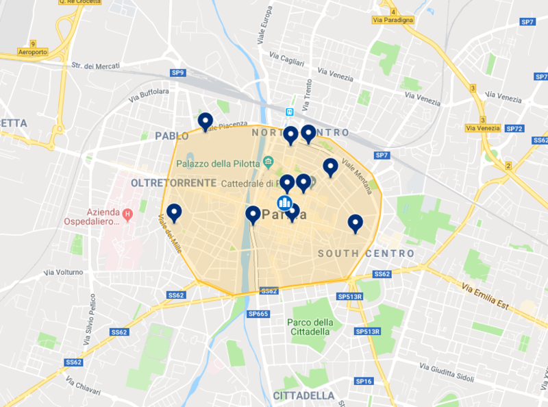 Mapa de hotéis em Parma