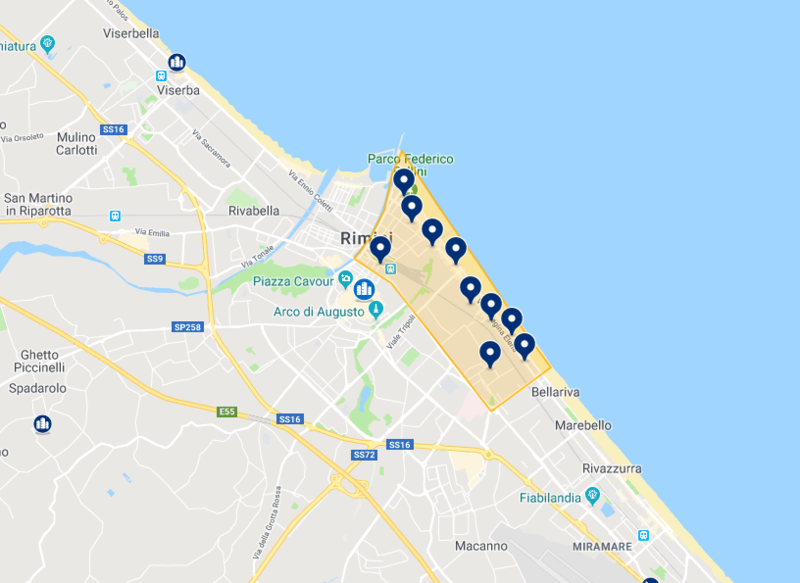 Mapa de hotéis na beira-mar em Rimini